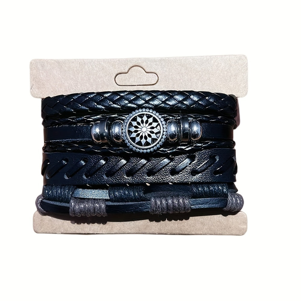 4Pcs Vintage PU Leather Woven Bracelet Set – Men’s Charm Fashion Accessory