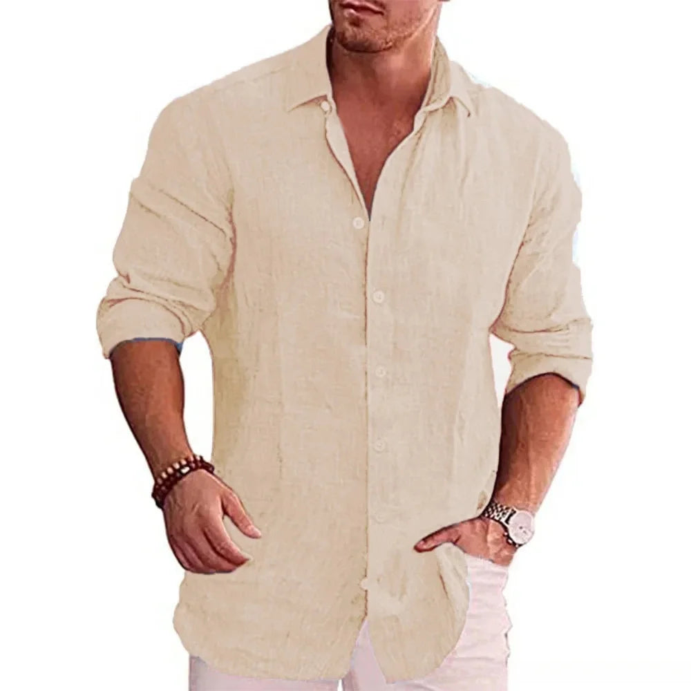 Men’s Cotton Linen Long Sleeve Shirt – Lightweight Solid Color Casual Button-Up | Breathable Smart-Casual Summer & Autumn Style