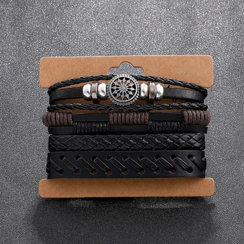 4Pcs Vintage PU Leather Woven Bracelet Set – Men’s Charm Fashion Accessory