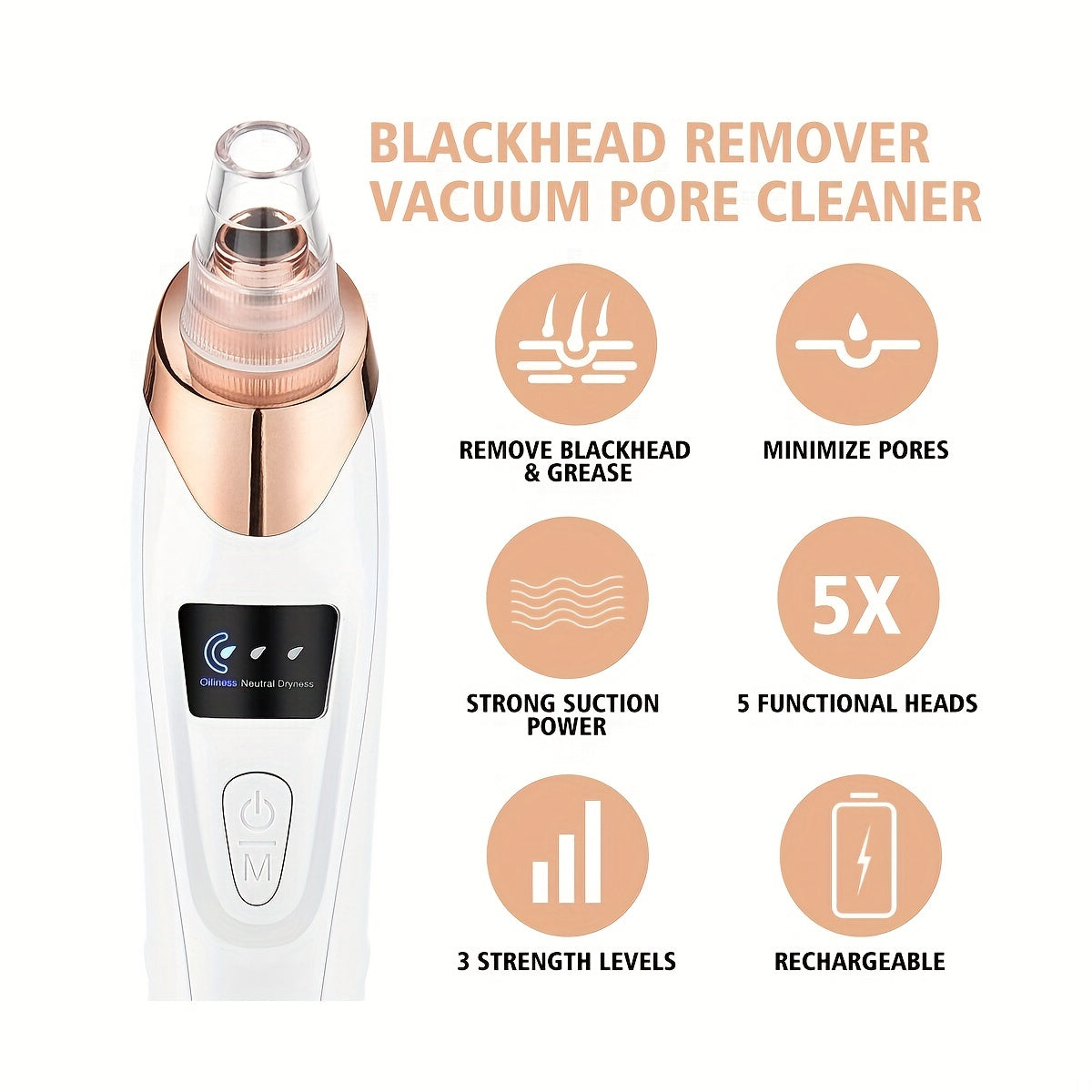 Rechargeable Blackhead Remover – Electric Pore Vacuum Cleaner with 5 Probes