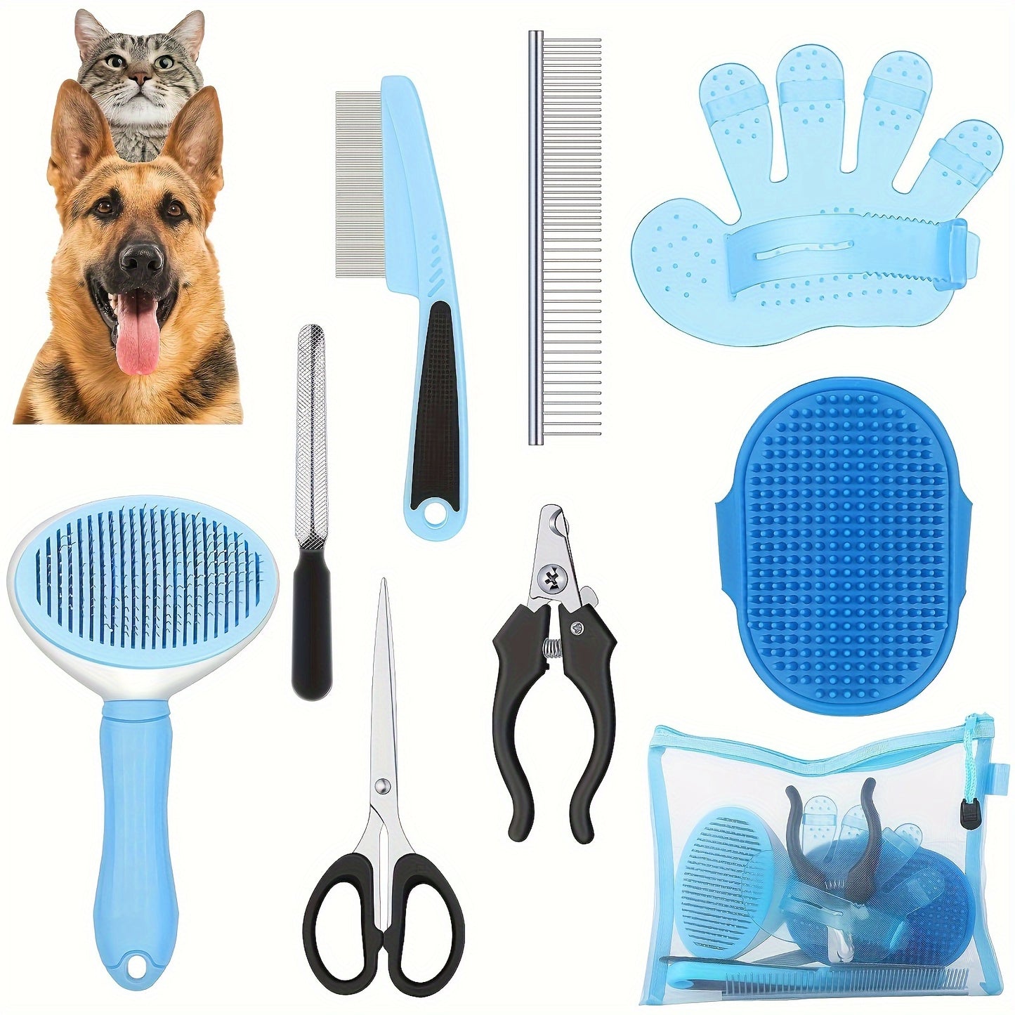Set Of 9 Dog Grooming Brushes, Self-cleaning Shedding Kit With Nail Rake, Flea Comb, Nail Clippers, And File. Pet Grooming Brush With Adjustable Strap And Scissors, Suitable For Pets.