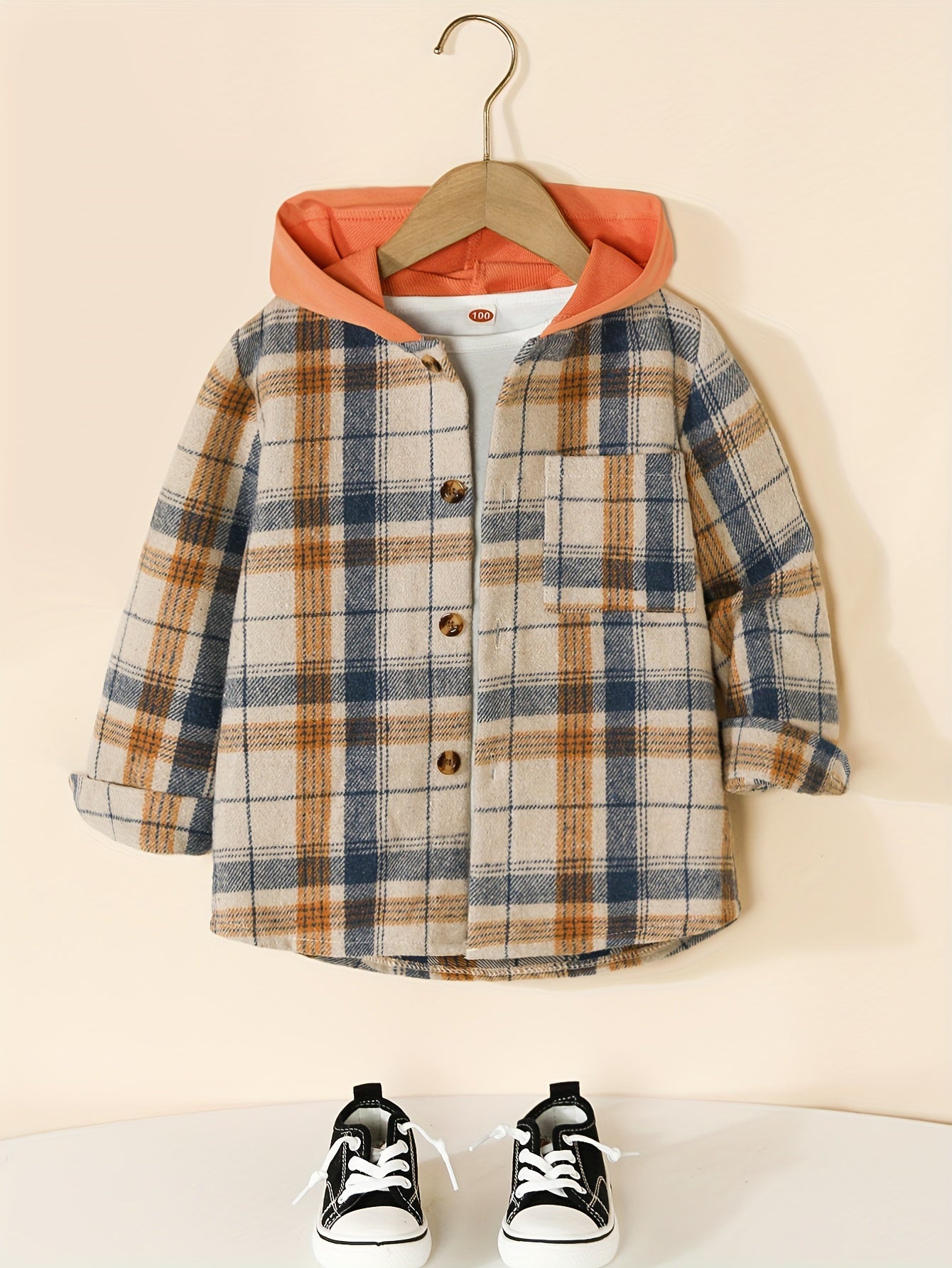 Boy's Hooded Plaid Long Sleeve Button Up Shirt With Pockets