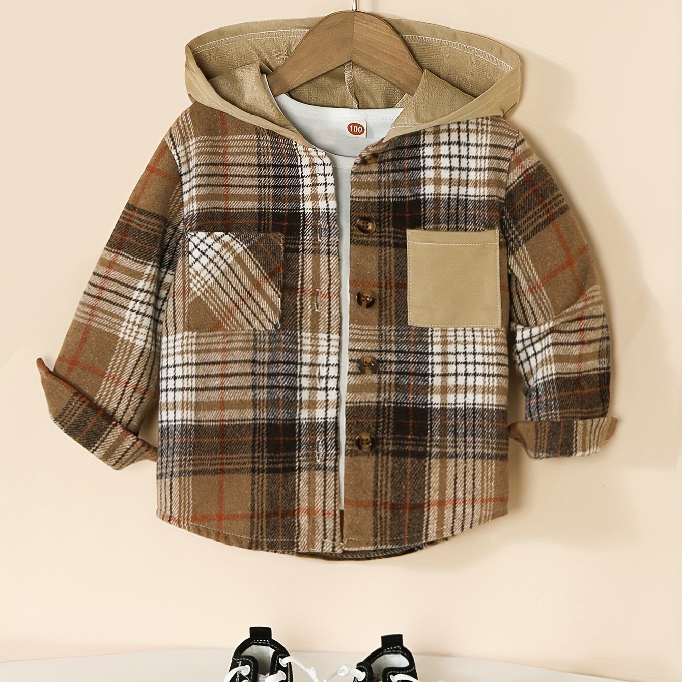 Boy's Hooded Plaid Long Sleeve Button Up Shirt With Pockets