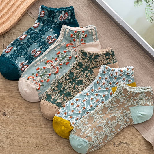 5 Pairs of Cozy Vintage Socks – Japanese Floral Charm for Your Everyday Style