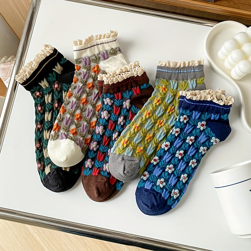 5 Pairs of Cozy Vintage Socks – Japanese Floral Charm for Your Everyday Style