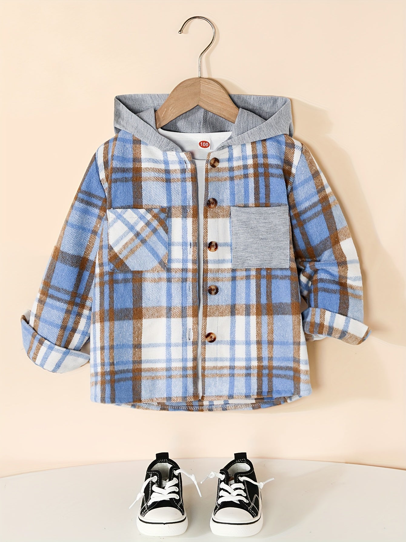 Boy's Hooded Plaid Long Sleeve Button Up Shirt With Pockets