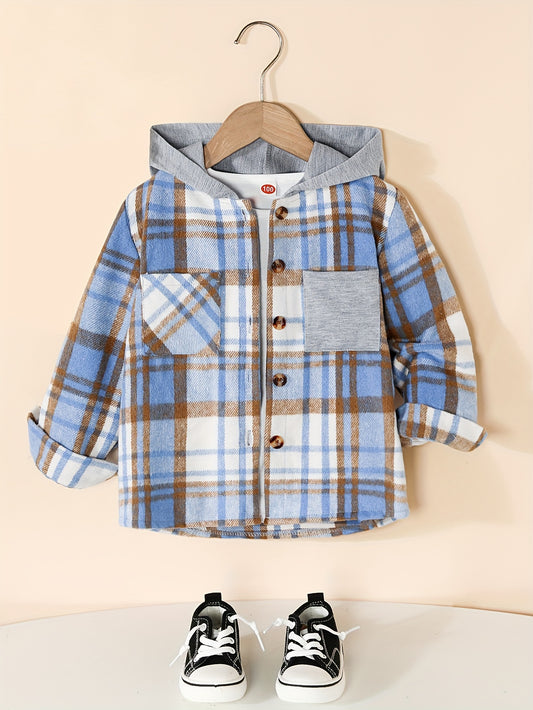 Boy's Hooded Plaid Long Sleeve Button Up Shirt With Pockets
