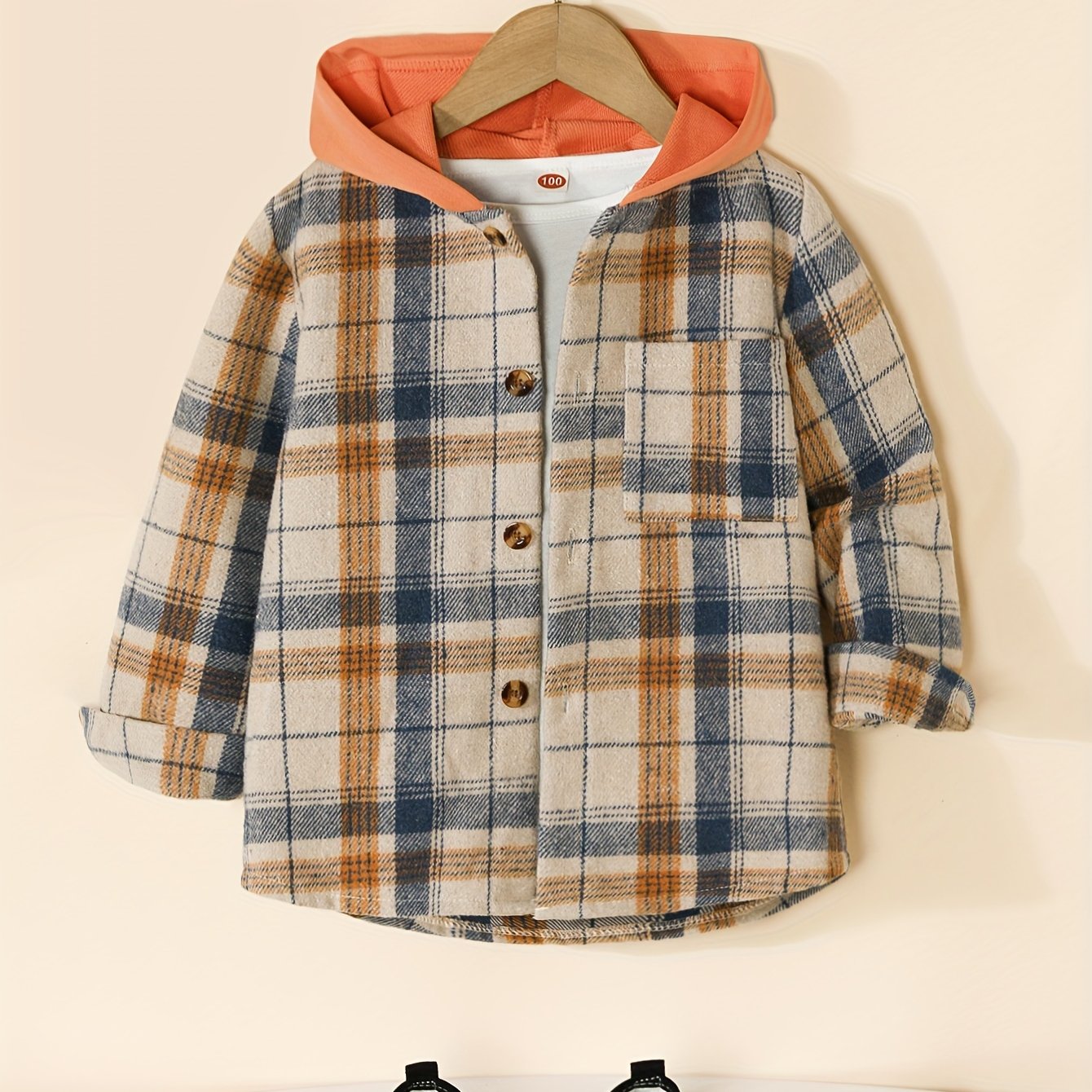 Boy's Hooded Plaid Long Sleeve Button Up Shirt With Pockets