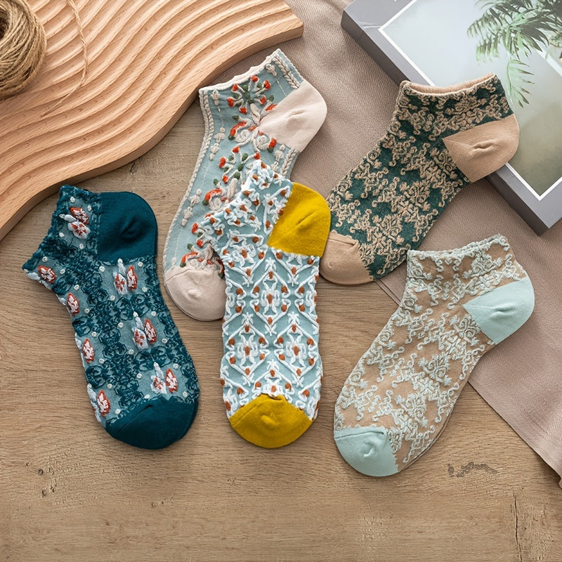 5 Pairs of Cozy Vintage Socks – Japanese Floral Charm for Your Everyday Style
