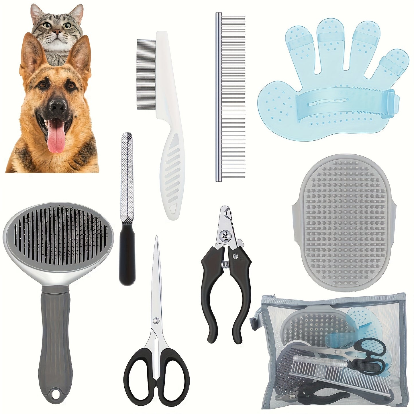 Set Of 9 Dog Grooming Brushes, Self-cleaning Shedding Kit With Nail Rake, Flea Comb, Nail Clippers, And File. Pet Grooming Brush With Adjustable Strap And Scissors, Suitable For Pets.