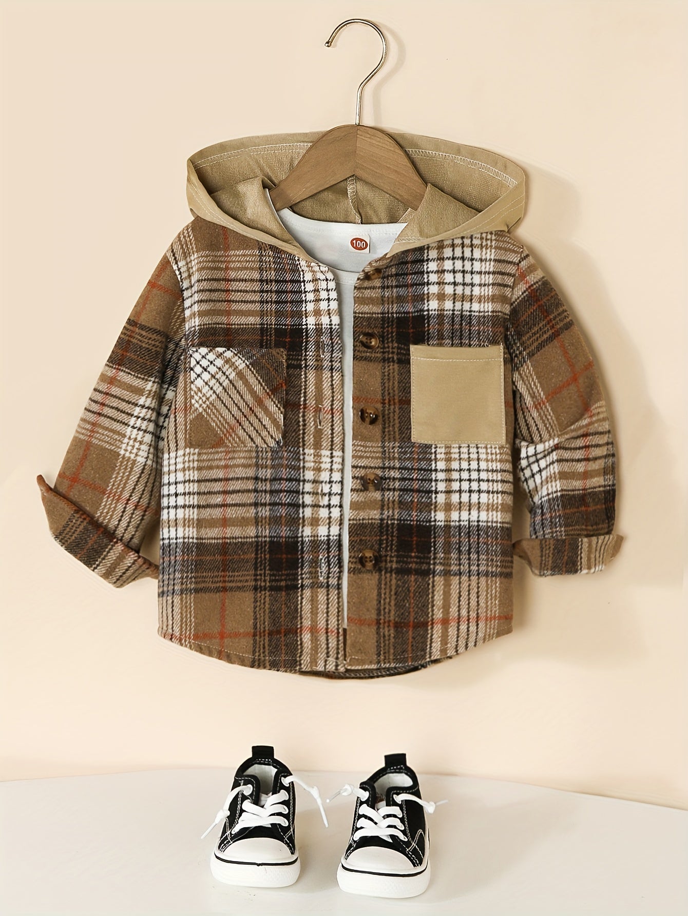 Boy's Hooded Plaid Long Sleeve Button Up Shirt With Pockets