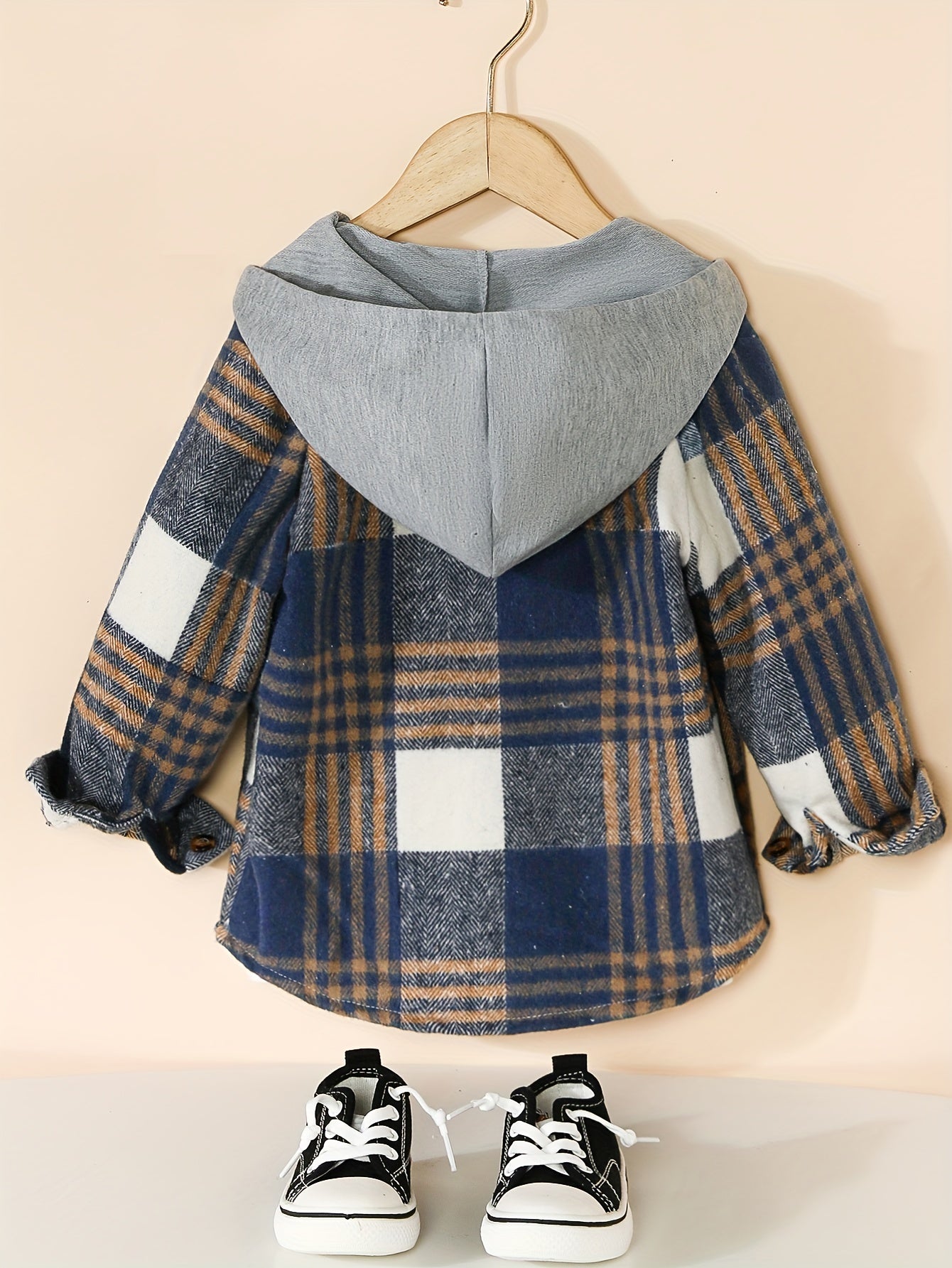 Boy's Hooded Plaid Long Sleeve Button Up Shirt With Pockets