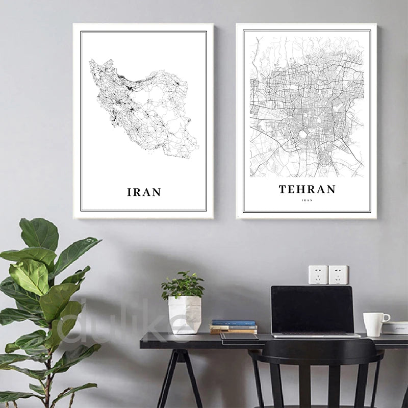 Tehran Area Iran Map Prints City Street Poster Iran Persia Persian Map Canvas Painting Living Room Decor