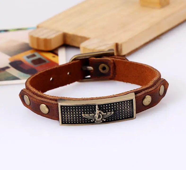 Persian Farvahar Leather Bracelet – Handmade Vintage Design