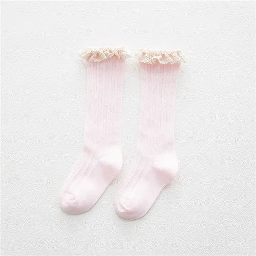 Kids’ Knee-High Socks with Lace – Princess Style Ruffle Cotton Socks for Girls