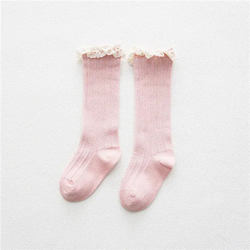 Kids’ Knee-High Socks with Lace – Princess Style Ruffle Cotton Socks for Girls