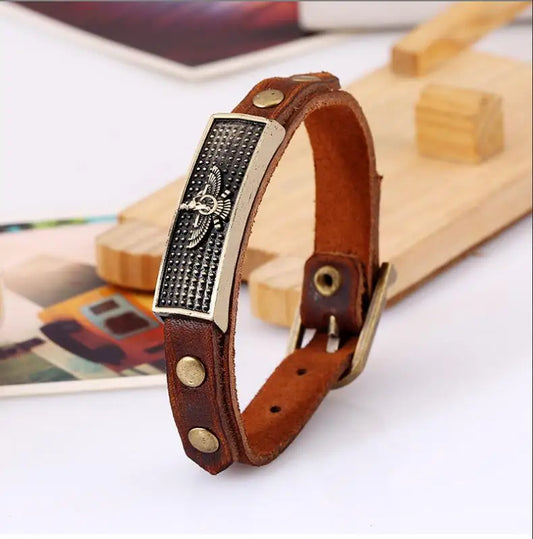 Persian Farvahar Leather Bracelet – Handmade Vintage Design