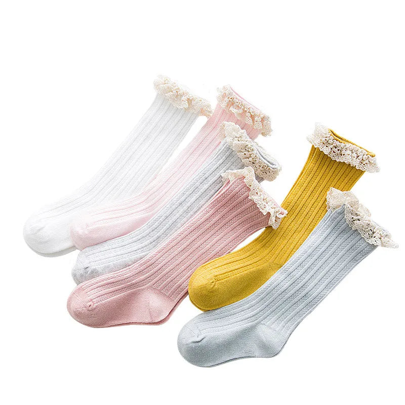 Kids’ Knee-High Socks with Lace – Princess Style Ruffle Cotton Socks for Girls