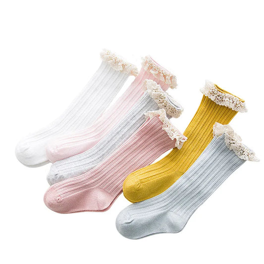 Kids’ Knee-High Socks with Lace – Princess Style Ruffle Cotton Socks for Girls