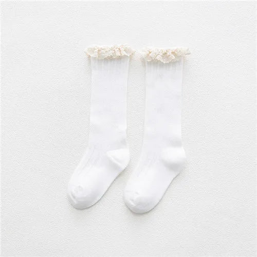 Kids’ Knee-High Socks with Lace – Princess Style Ruffle Cotton Socks for Girls