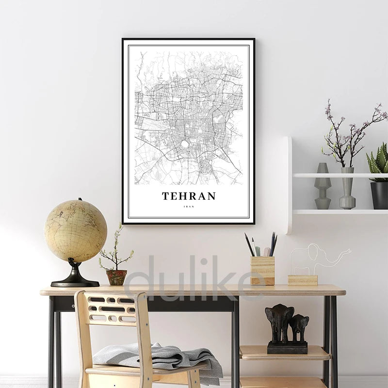 Tehran Area Iran Map Prints City Street Poster Iran Persia Persian Map Canvas Painting Living Room Decor