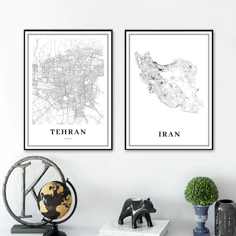 Tehran Area Iran Map Prints City Street Poster Iran Persia Persian Map Canvas Painting Living Room Decor