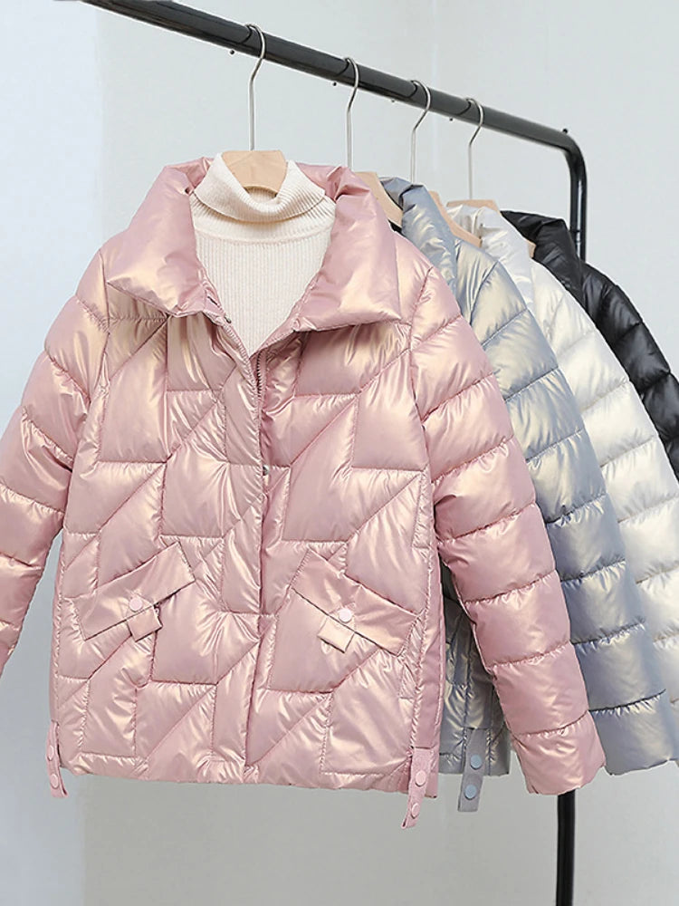 Women’s Winter Parka – Glossy Pink Down Jacket with Stand Collar
