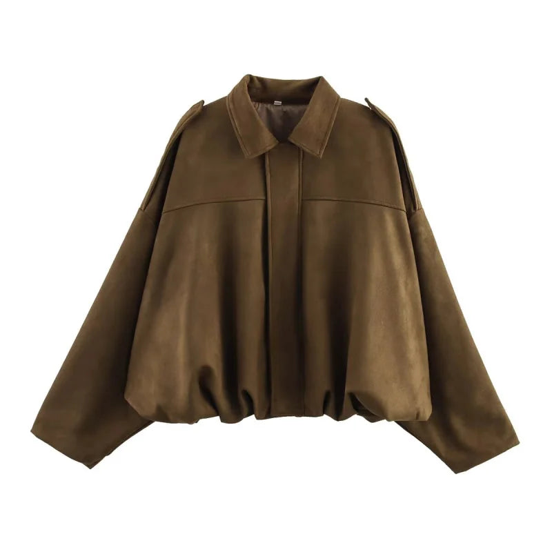 Women’s Suede Bomber Jacket – Loose Fit, Lapel Collar, Casual Spring & Autumn Coat