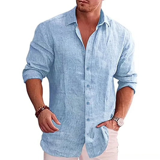 Men’s Cotton Linen Long Sleeve Shirt – Lightweight Solid Color Casual Button-Up | Breathable Smart-Casual Summer & Autumn Style