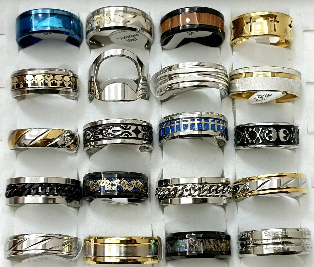 12pcs Men’s Stainless Steel Rings – Mixed Styles & Sizes