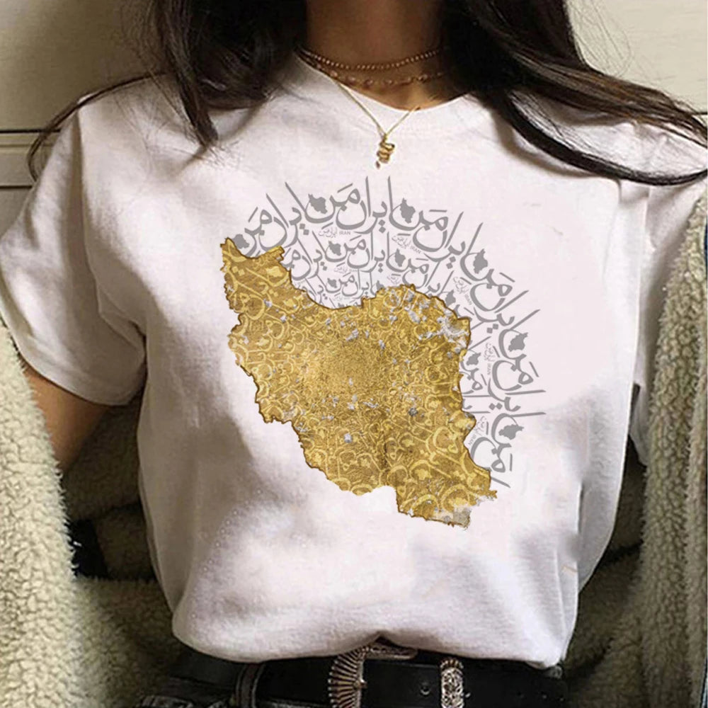 Persian Iran Map Women’s T-Shirt – Golden Calligraphy Design