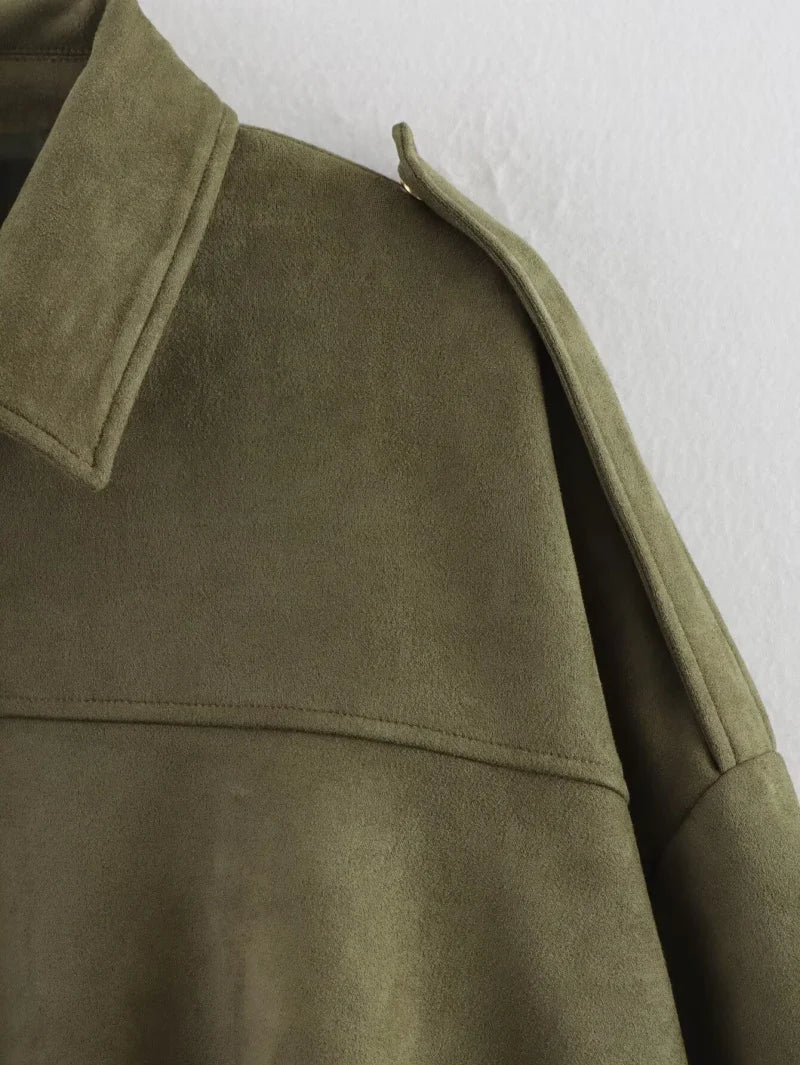 Women’s Suede Bomber Jacket – Loose Fit, Lapel Collar, Casual Spring & Autumn Coat