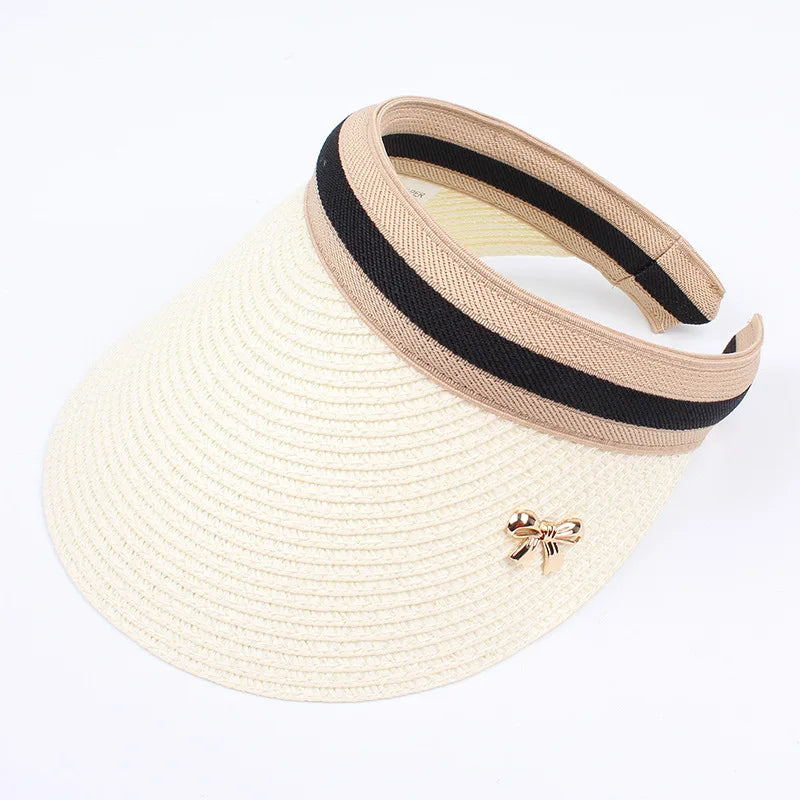 Summer Straw Sun Visor Hat – Adjustable Bowknot Design, Perfect for Beach & Casual Wear