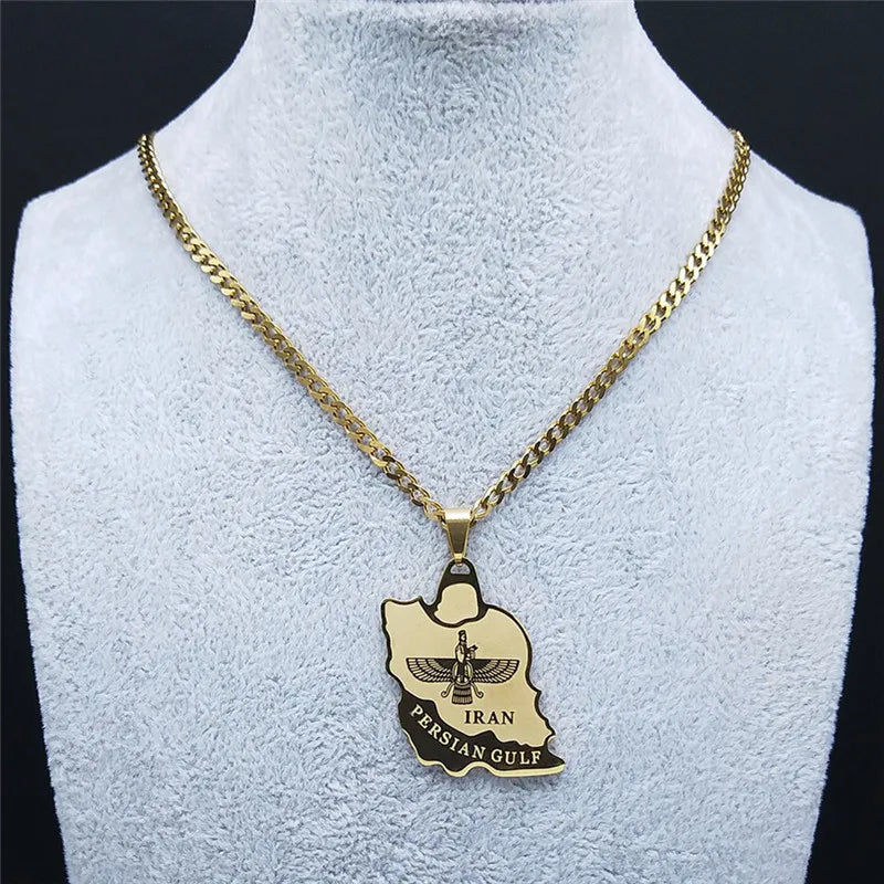 Persian Iran Map Necklace with Farvahar – Stainless Steel Gold