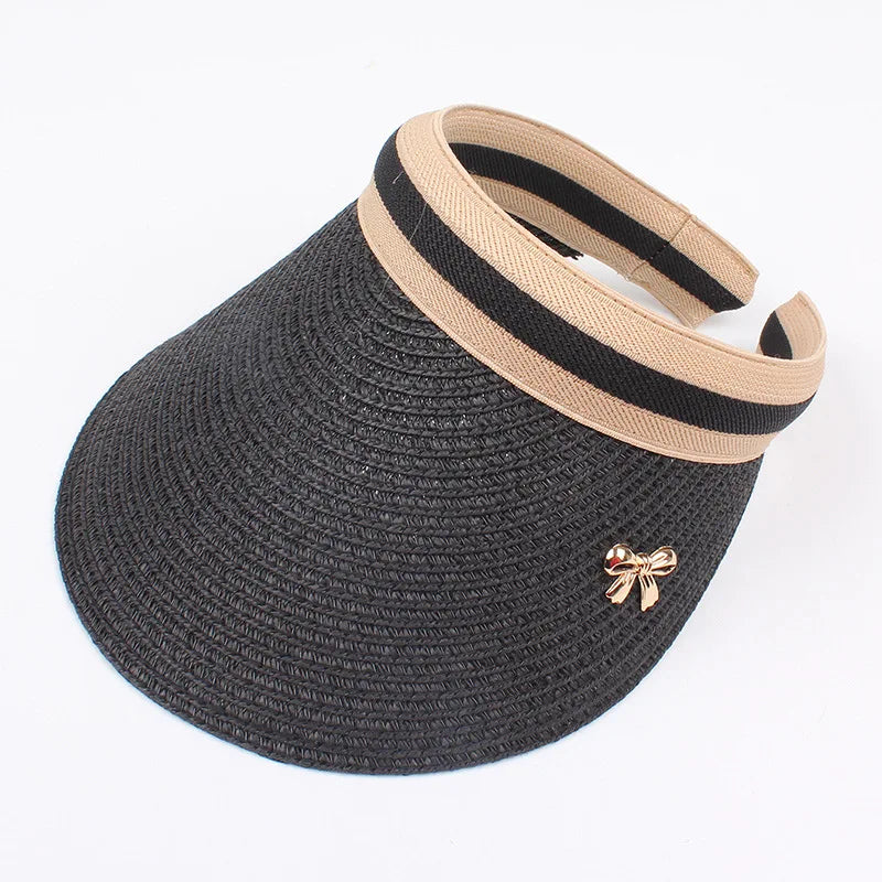 Summer Straw Sun Visor Hat – Adjustable Bowknot Design, Perfect for Beach & Casual Wear