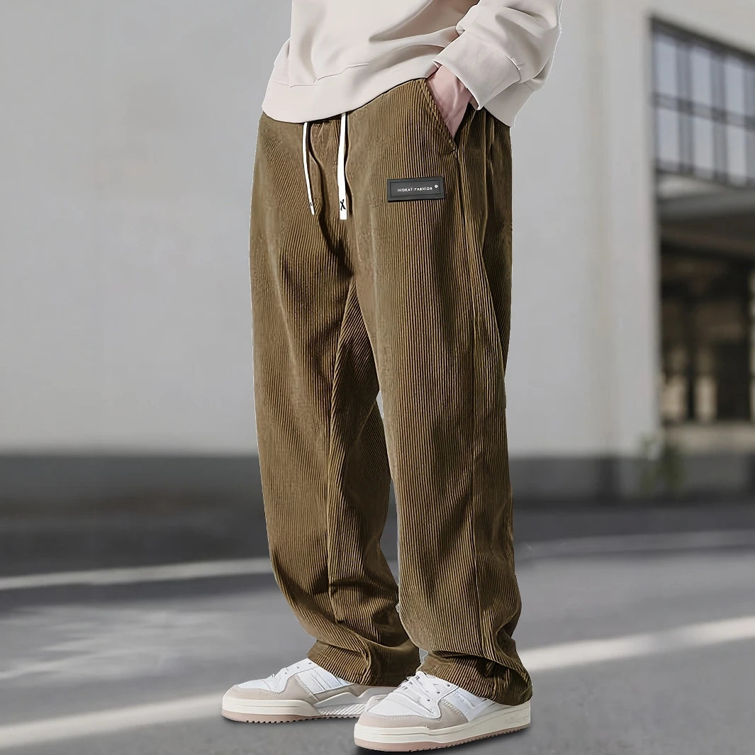 Men’s Corduroy Straight-Leg Pants – Casual Drawstring Trousers with Pockets | Soft Stretchy Fit for Everyday Streetwear