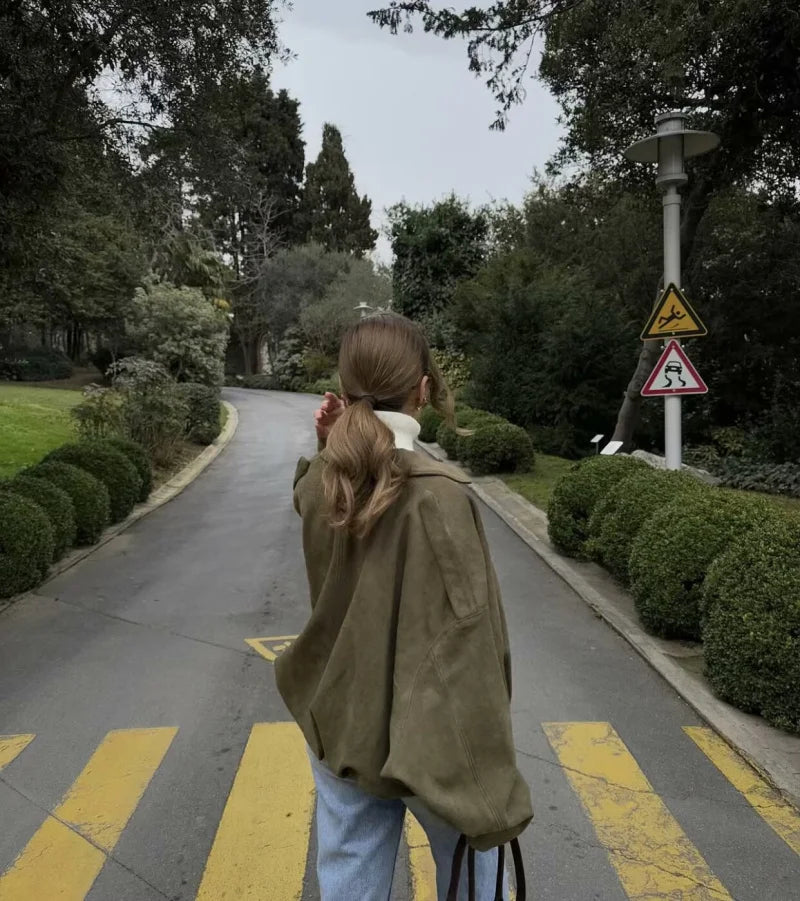 Women’s Suede Bomber Jacket – Loose Fit, Lapel Collar, Casual Spring & Autumn Coat