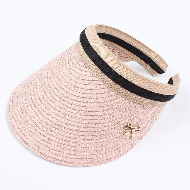 Summer Straw Sun Visor Hat – Adjustable Bowknot Design, Perfect for Beach & Casual Wear
