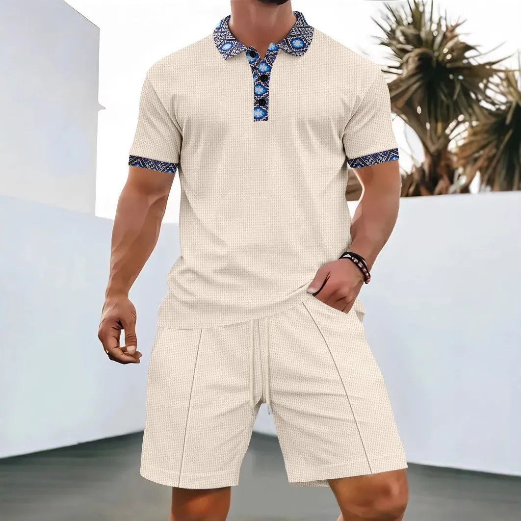 Men’s 2-Piece Summer Set – Waffle Textured Short-Sleeve Shirt & Shorts | Casual Zip-Up Lapel Outfit for Modern Street Style