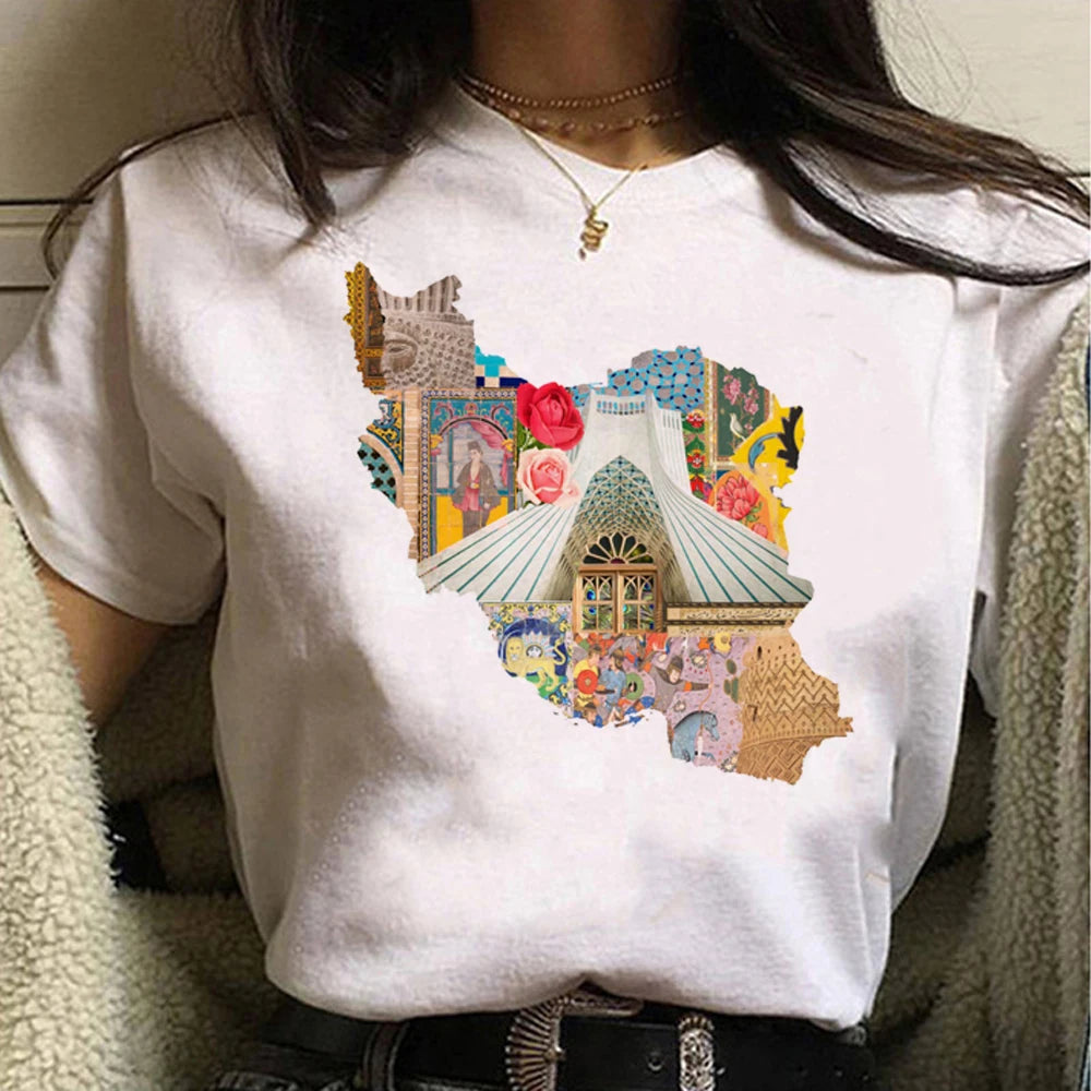 Persian Iran Map Women’s T-Shirt – Golden Calligraphy Design