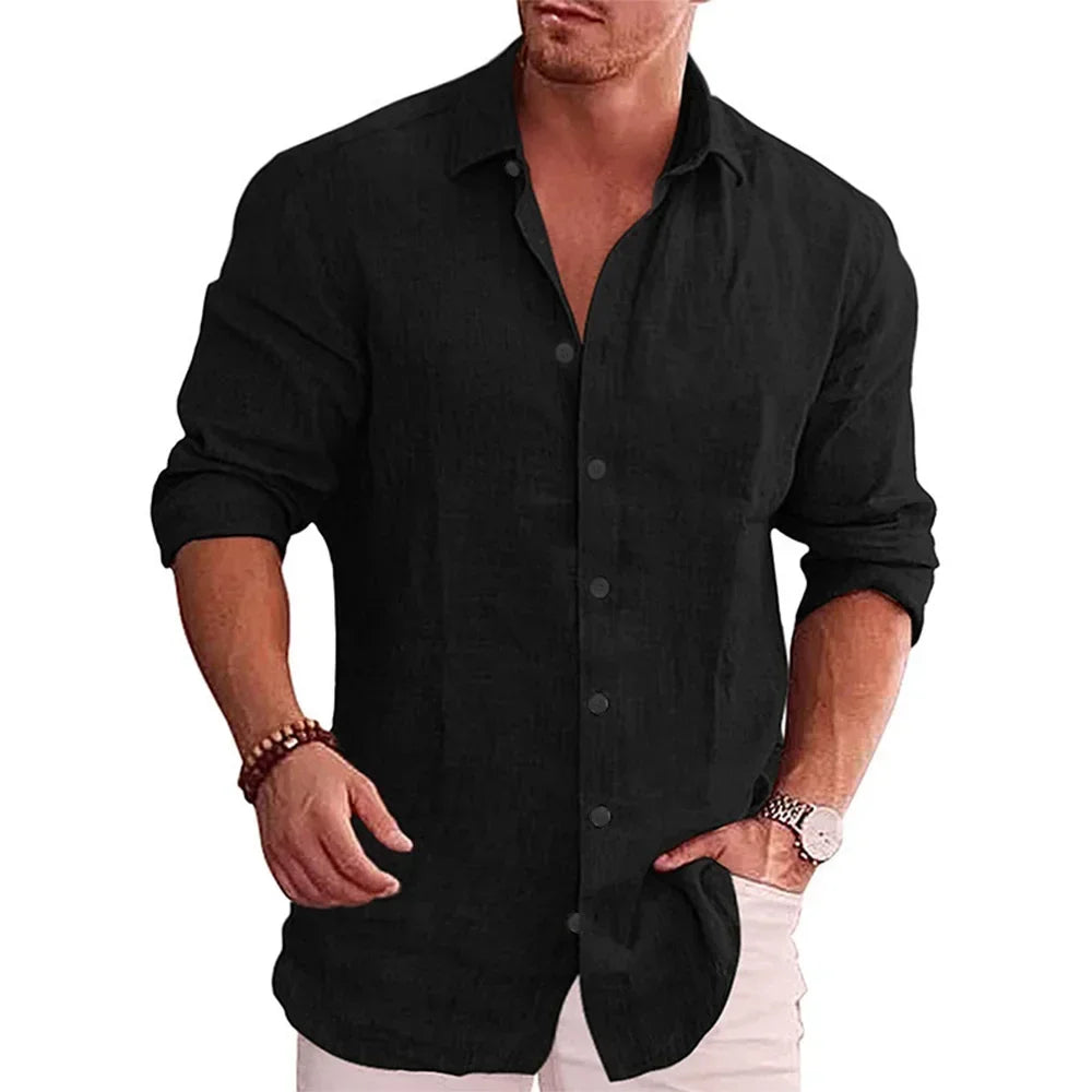 Men’s Cotton Linen Long Sleeve Shirt – Lightweight Solid Color Casual Button-Up | Breathable Smart-Casual Summer & Autumn Style
