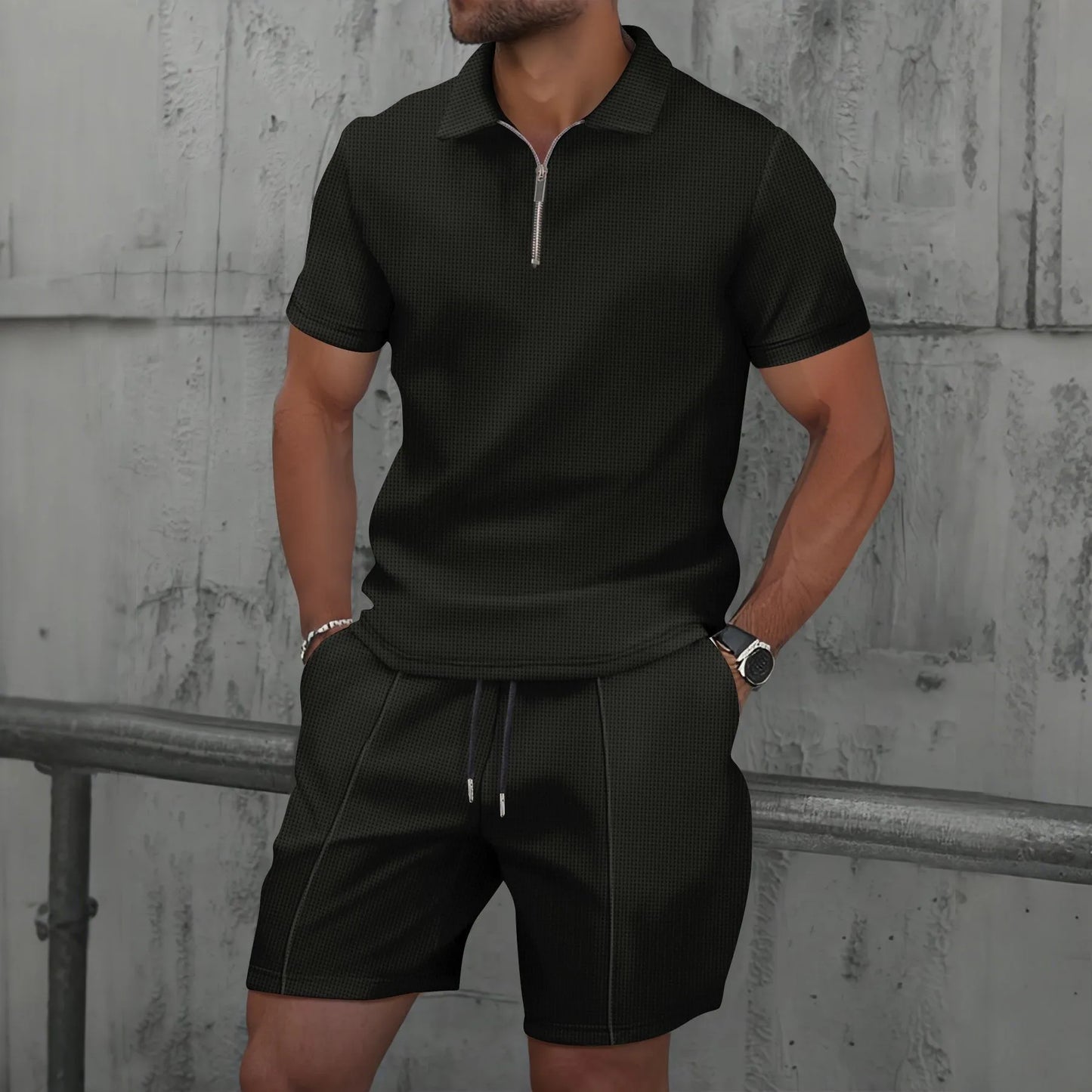 Men’s 2-Piece Summer Set – Waffle Textured Short-Sleeve Shirt & Shorts | Casual Zip-Up Lapel Outfit for Modern Street Style
