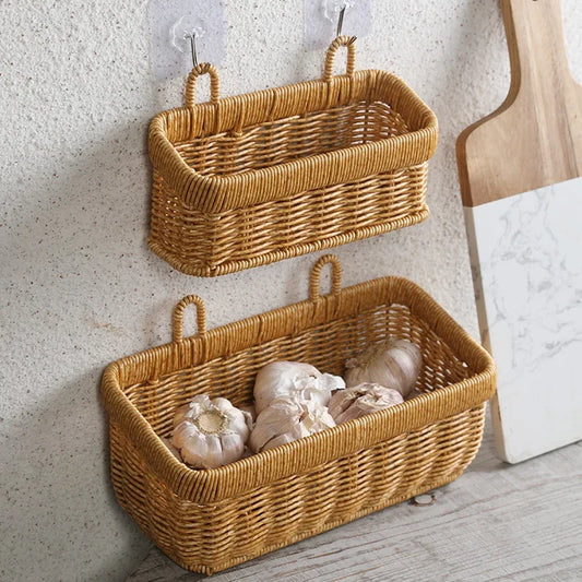 Handwoven Wall Hanging Storage Basket – Decorative Rattan Organizer for Kitchen, Living Room & Garden
