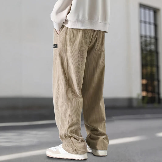 Men’s Corduroy Straight-Leg Pants – Casual Drawstring Trousers with Pockets | Soft Stretchy Fit for Everyday Streetwear