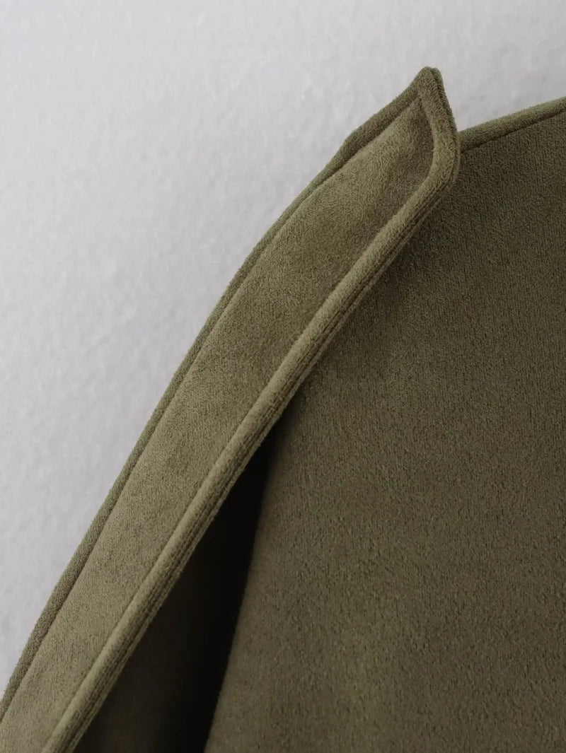 Women’s Suede Bomber Jacket – Loose Fit, Lapel Collar, Casual Spring & Autumn Coat