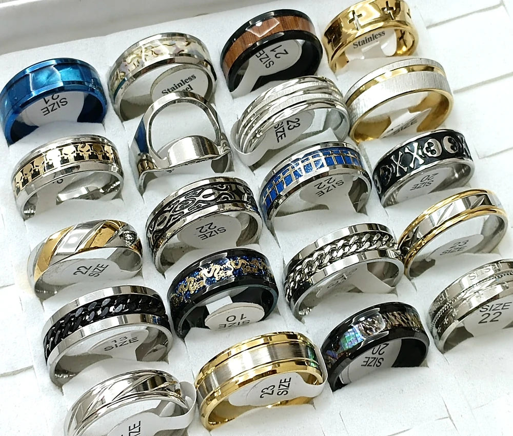 12pcs Men’s Stainless Steel Rings – Mixed Styles & Sizes