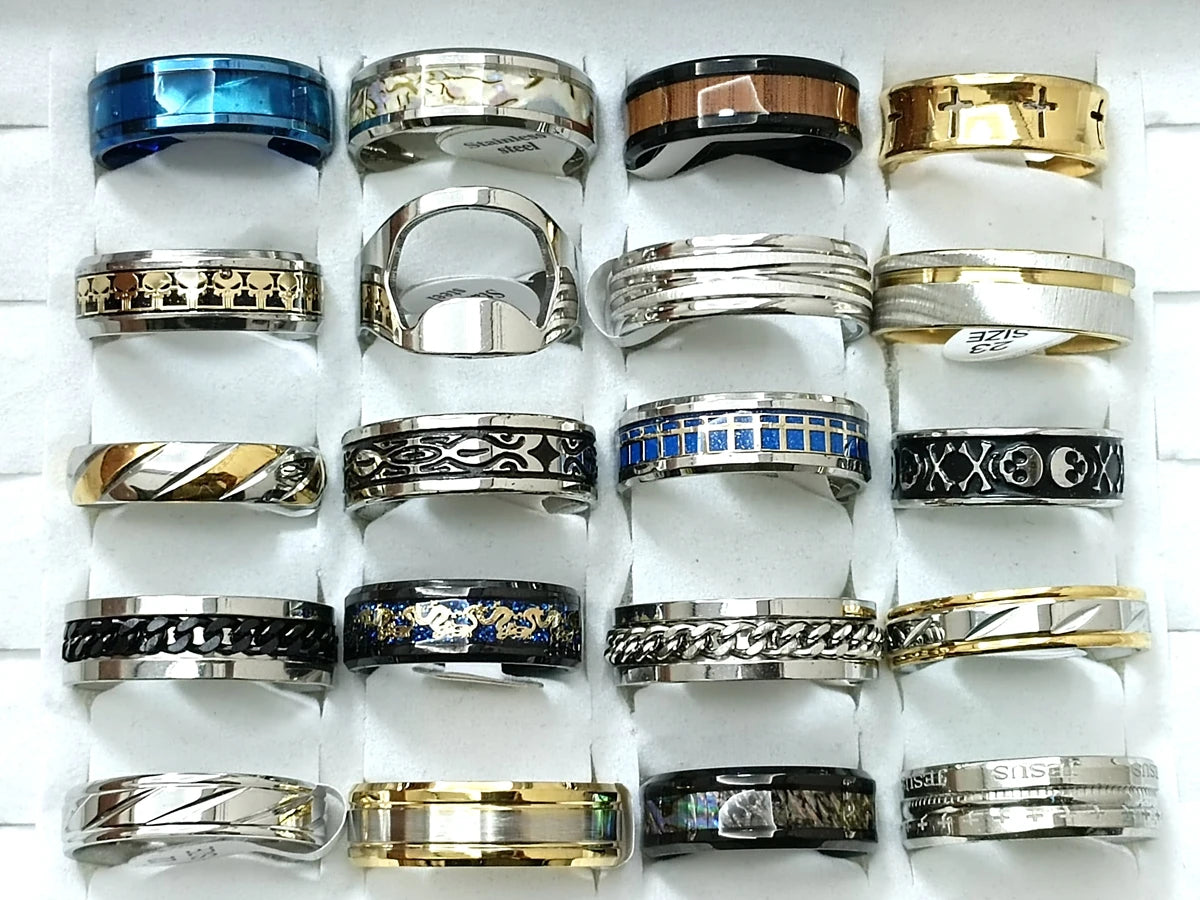 12pcs Men’s Stainless Steel Rings – Mixed Styles & Sizes