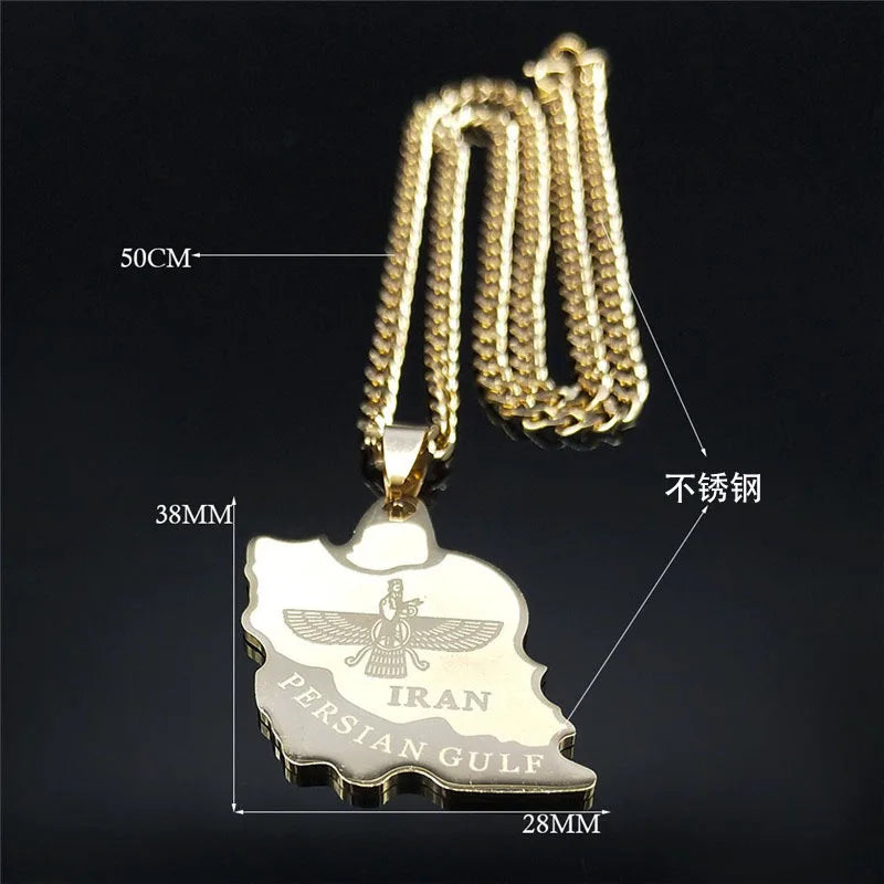 Persian Iran Map Necklace with Farvahar – Stainless Steel Gold