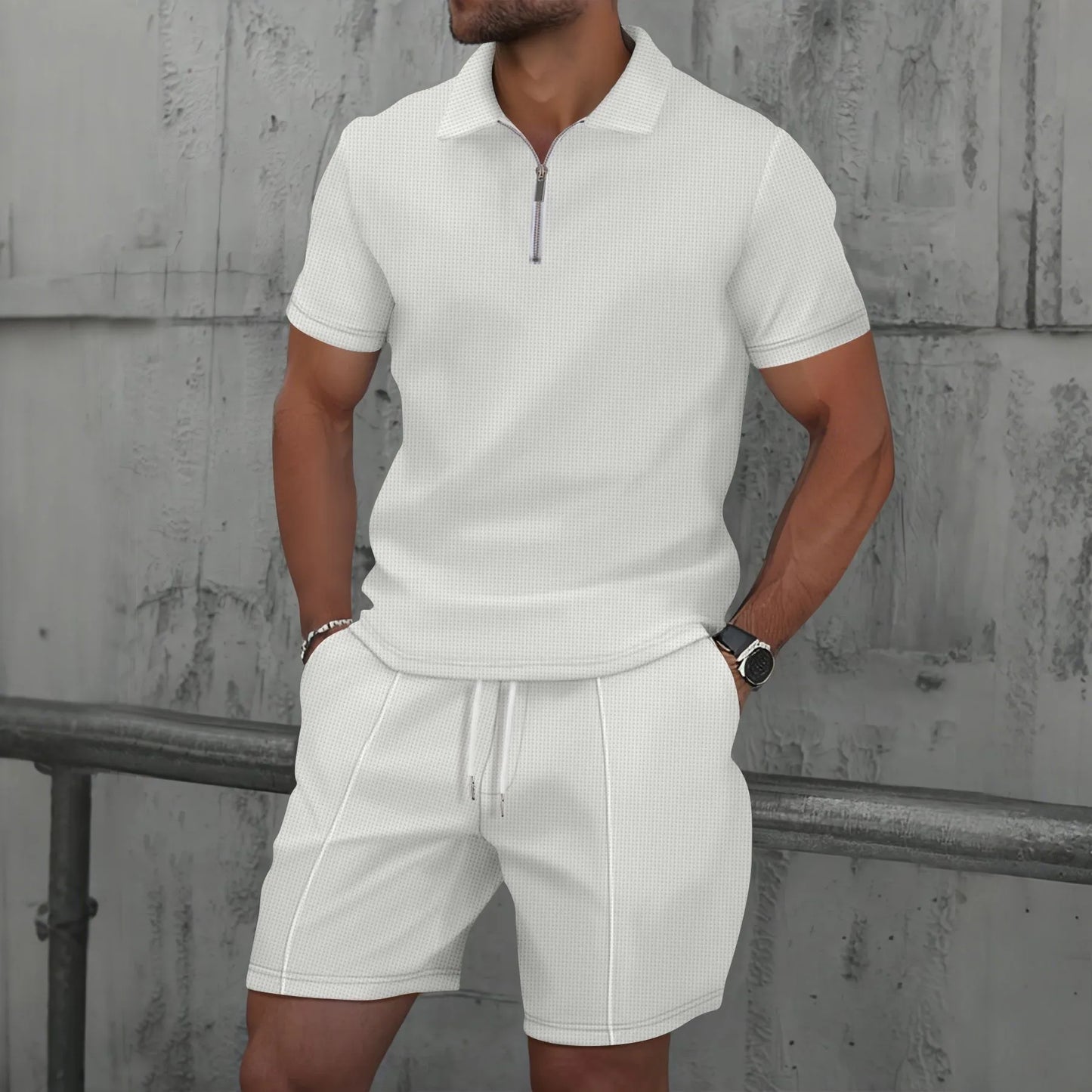 Men’s 2-Piece Summer Set – Waffle Textured Short-Sleeve Shirt & Shorts | Casual Zip-Up Lapel Outfit for Modern Street Style