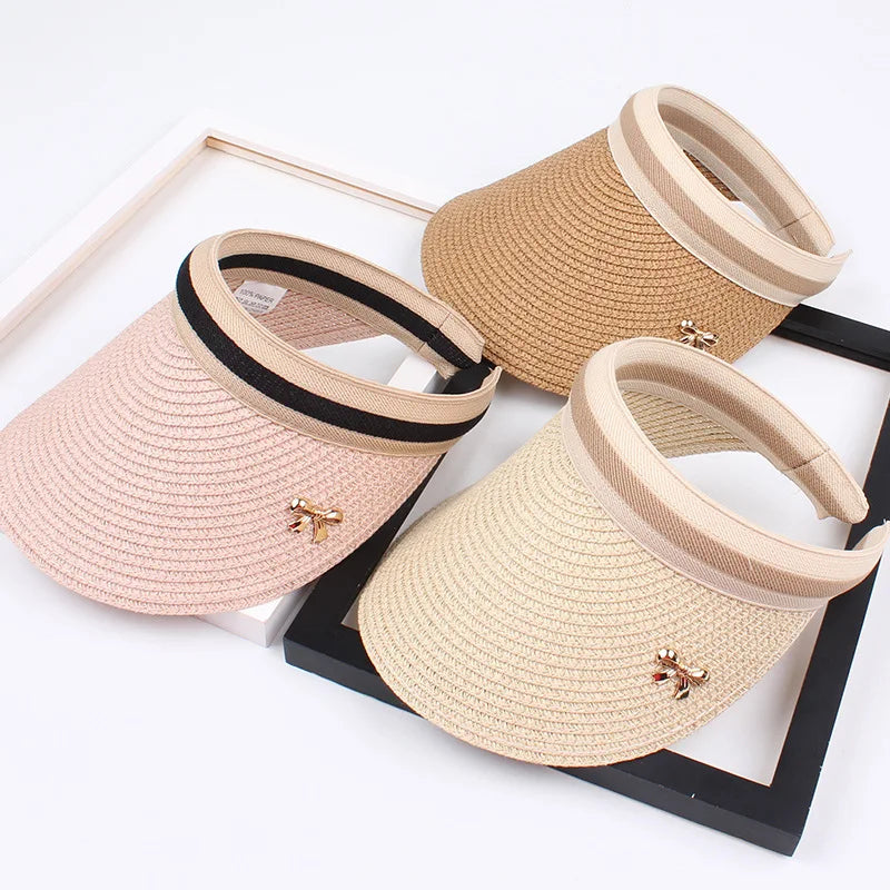 Summer Straw Sun Visor Hat – Adjustable Bowknot Design, Perfect for Beach & Casual Wear